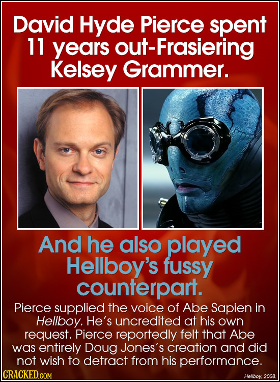 David Hyde Pierce spent 11 years out-Frasiering Kelsey Grammer. And he also played Hellboy's fussy counterpart. Pierce supplied the voice of Abe Sapie
