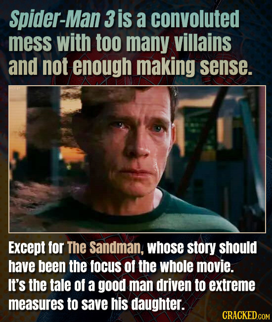 Spider- 3 is a convoluted mess with too many villains and not enough making sense. Except for The Sandman, whose story should have been the focus of t
