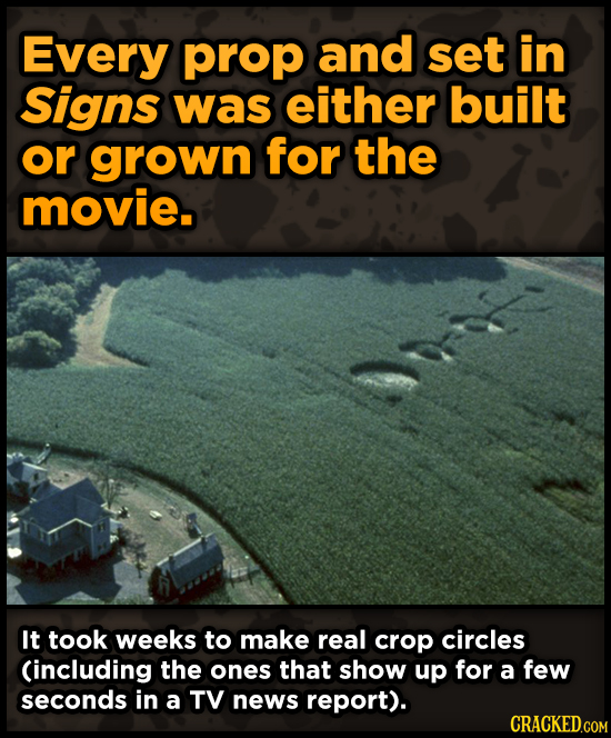 Every prop and set in Signs was either built or grown for the movie. It took weeks to make real crop circles Cincluding the ones that show up for a fe