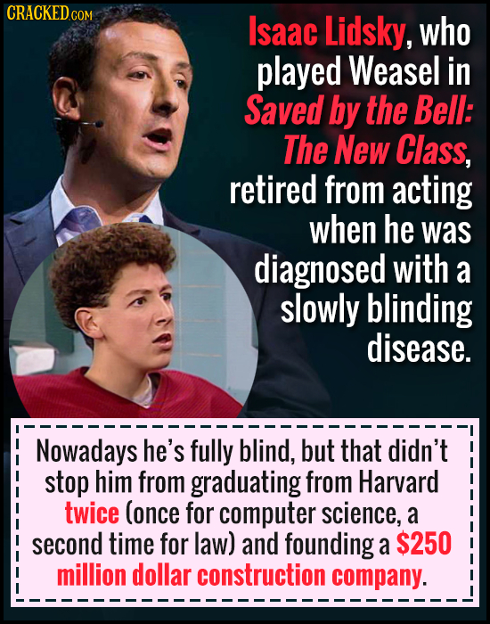CRACKEDce COM Isaac Lidsky, who played Weasel in Saved by the Bell: The New Class, retired from acting when he was diagnosed with a slowly blinding di