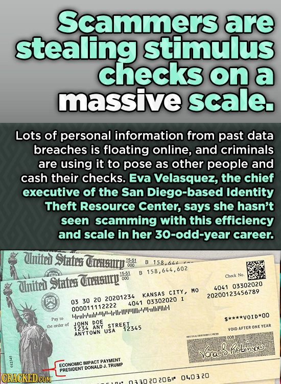 Scammers are stealing stimulus checKS on a massive scale. Lots of personal information from past data breaches is floating online, and criminals are u