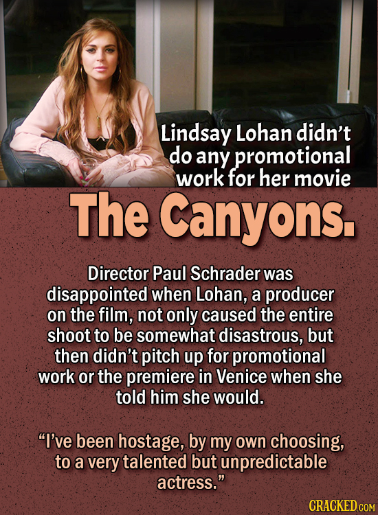 People Who Didn't Want Anything To Do With Their Own Work - Lindsay Lohan didn’t do any promotional work for her movie The Canyons.
Director Paul Sch