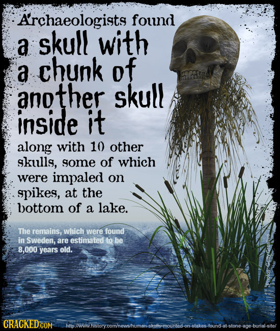 Archaeologists found a skull with chunk a of another skull inside it along with 10 other skulls, some of which were impaled on spikes, at the bottom o