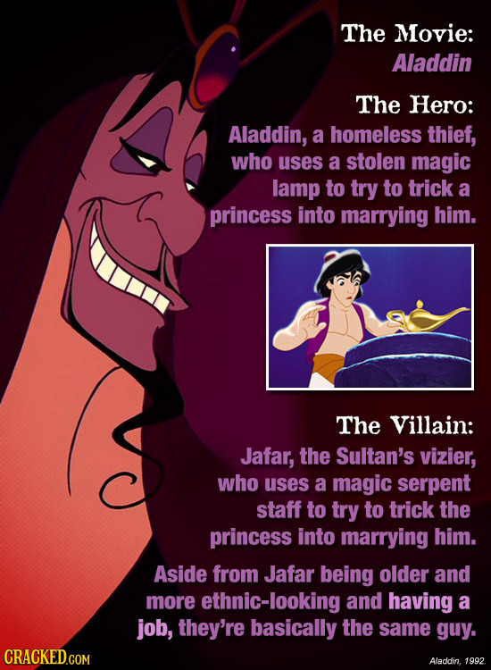 The Movie: Aladdin The Hero: Aladdin, a homeless thief, who uses a stolen magic lamp to try to trick a princess into marrying him. The Villain: Jafar,