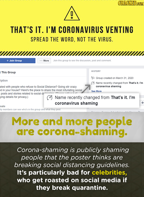 CRACKED.CON THAT'S IT. I'M CORONAVIRUS VENTING SPREAD THE WORD, NOT THE VIRUS. Join Group More Join this group to see the discussion post and comment