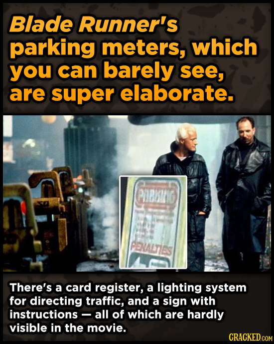 Blade Runner's parking meters, which you can barely see, are super elaborate. PeKINIG PENALTIES There's a card register, a lighting system for directi