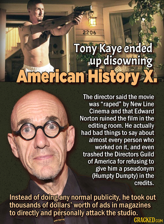 People Who Didn't Want Anything To Do With Their Own Work - Tony Kaye ended up disowning American History X.
The director said the movie was “raped”