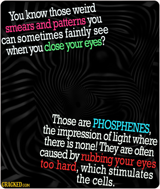 those weird You know and patterns you smears faintly see sometimes can close your eyes? when you Those are PHOSPHENES, the impression of there light w