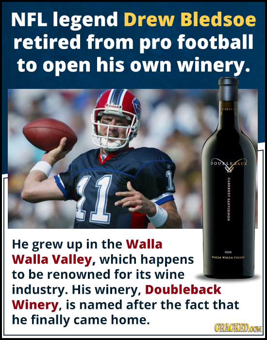 NFL legend Drew Bledsoe retired from pro football to open his own winery. $1 c LRNA NONOLANVS He grew up in the Walla Walla Valley, which happens 085