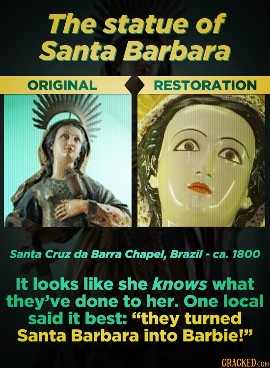 The statue of Santa Barbara ORIGINAL RESTORATION Santa Cruz da Barra Chapel, Brazil- ca. 1800 It looks like she knows what they've done to her. One lo