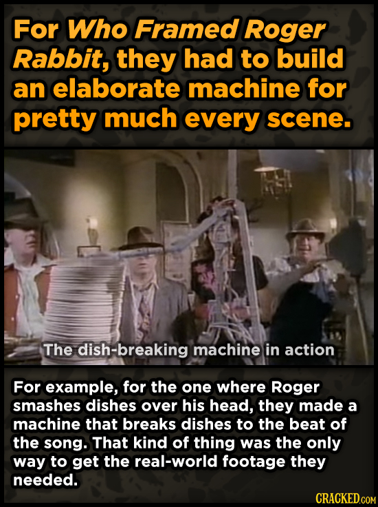 For Who Framed Roger Rabbit, they had to build an elaborate machine for pretty much every scene. The dish-breaking machine in action For example, for