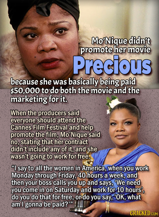 People Who Didn't Want Anything To Do With Their Own Work - Mo’Nique didn’t promote her movie Precious because she was basically being paid $50,000 t