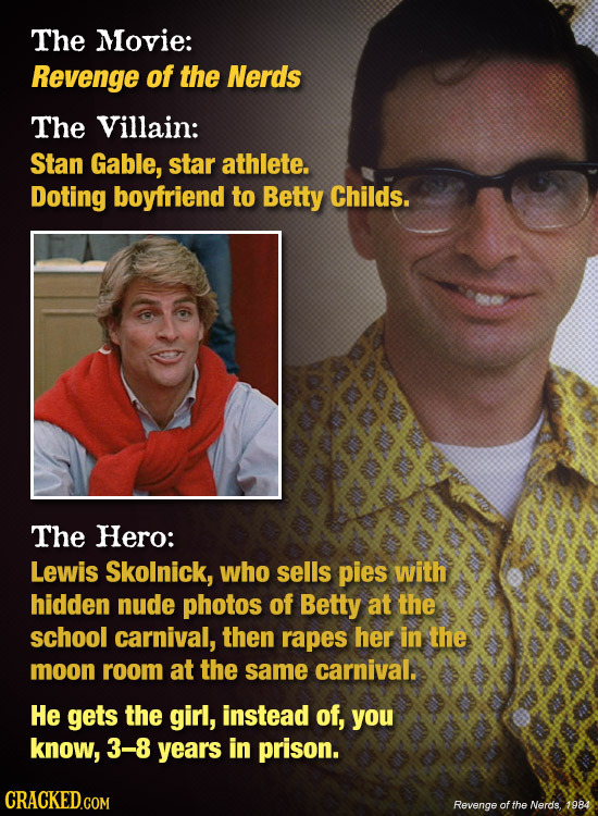 The Movie: Revenge of the Nerds The Villain: Stan Gable, star athlete. Doting boyfriend to Betty Childs. The Hero: Lewis Skolnick, who sells pies with