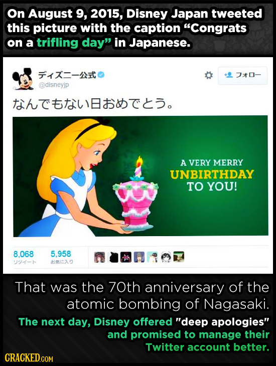 On August 9, 2015, Disney Japan tweeted this picture with the caption Congrats on a trifling day in Japanese. K--'N J0- @disneyip thTttit. A VERY ME