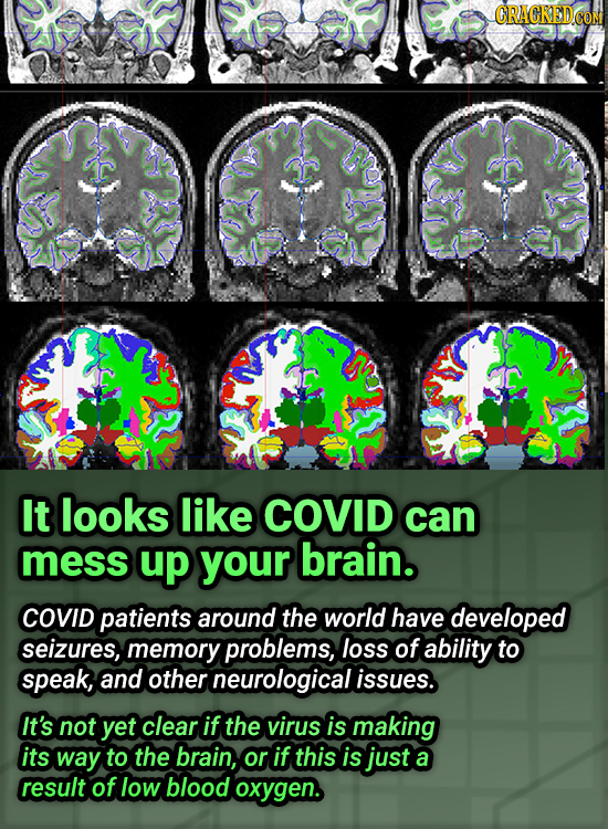 It looks like COVID can mess up your brain. COVID patients around the world have developed seizures, memory problems, loss of ability to speak, and ot