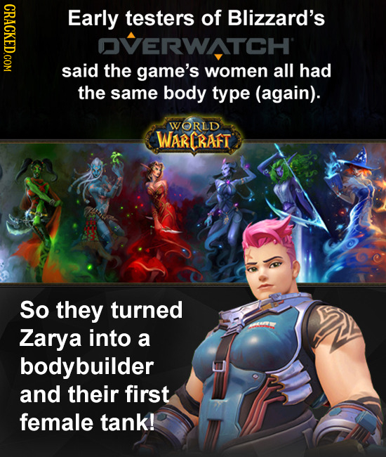 CRACKED.COM Early testers of Blizzard's OVERWATCH said the game's women all had the same body type (again). WORLD WARCRAFT So they turned Zarya into a