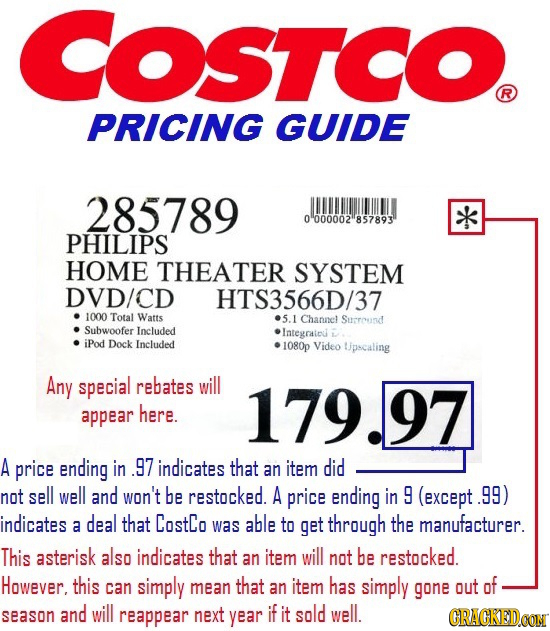 COSTCO R PRICING GUIDE 285789 0000002 857893 PHILIPS HOME THEATER SYSTEM DVD/CD HTS3566D/37 1000 Total Watts .5.1 Channel Surround Subwoofer Included 