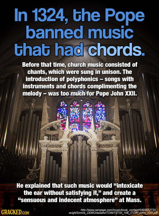 In 1324, the Pope banned music that had chords. Before that time, church music consisted of chants, which were sung in unison. The introduction of pol