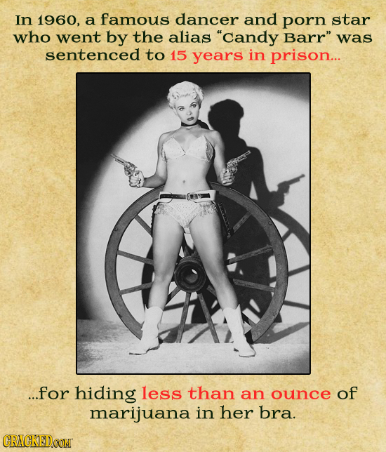 In 1960, a famous dancer and porn star who went by the alias candy Barr was sentenced to 15 years in prison... ...for hiding less than an ounce of m