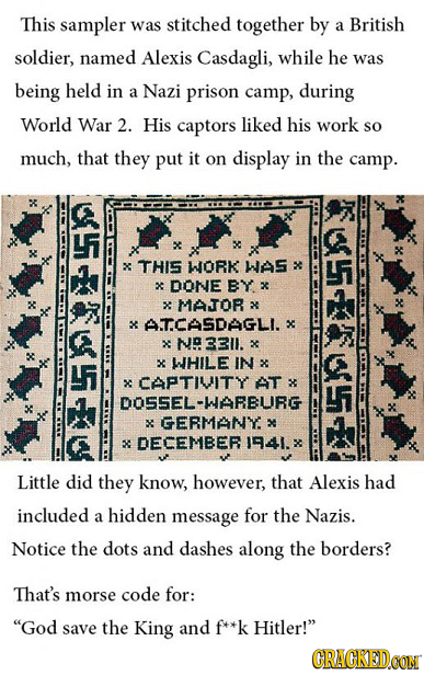 This sampler was stitched together by a British soldier, named Alexis Casdagli, while he was being held in a Nazi prison camp, during World War 2. His