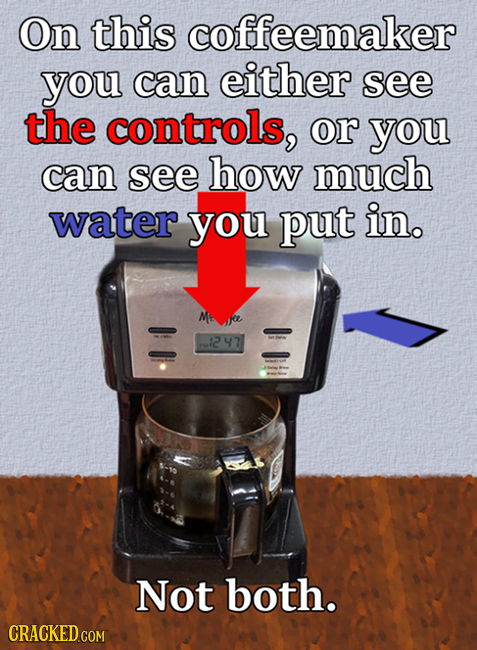 On this coffeemaker you can either see the controls, or you can see how much water you put in. M 247 Not both. CRACKED COM