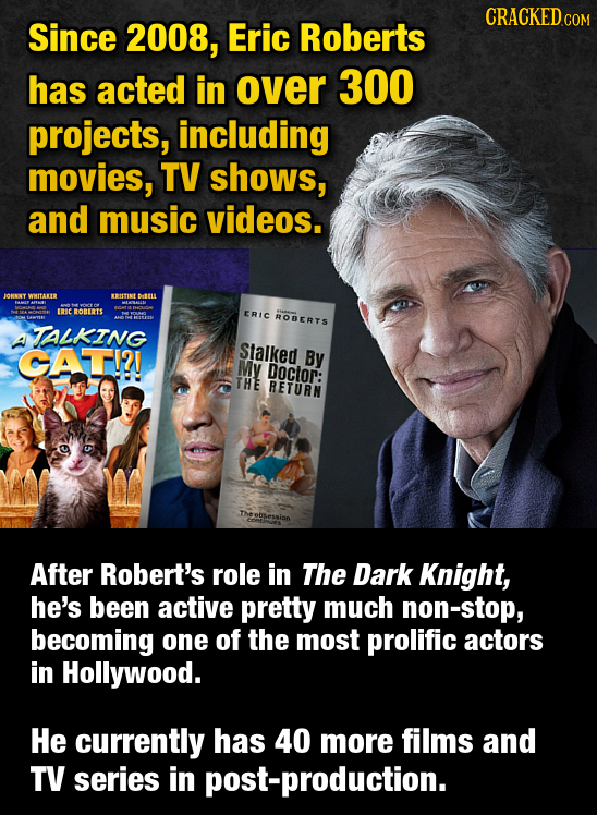 CRACKEDcO Since 2008, Eric Roberts has acted in over 300 projects, including movies, TV shows, and music videos. JOBNLY WUTAE ETIN Ddtu ERICROBERTS ER
