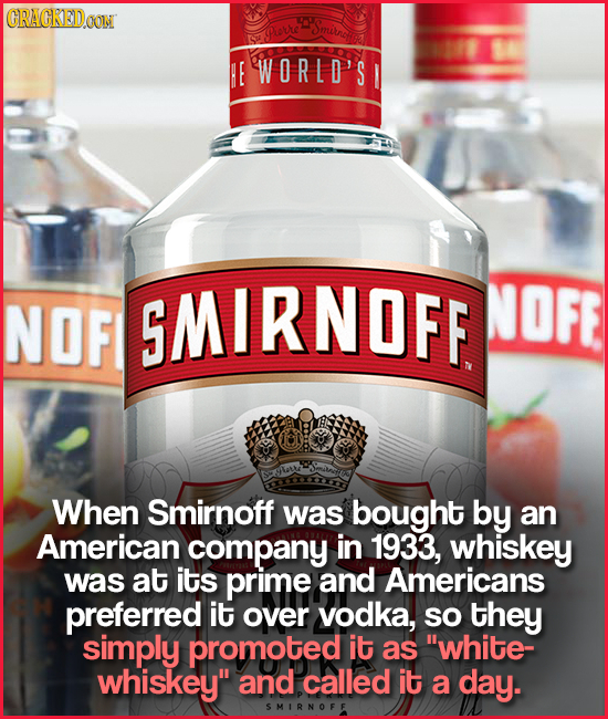 CRACKETDOON Smitncs SYORE HE WORLD'S NOF SMIRNOFF NOFE When Smirnoff was bought by an American company in 1933, whiskey was at its prime and American