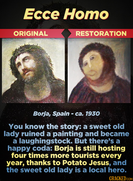 Ecce Homo ORIGINAL RESTORATION Borja, Spain - ca. 1930 You know the story: a sweet old lady ruined a painting and became a laughingstock. But there's