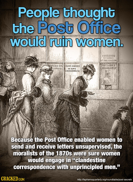 People thought the Post Office would ruin women. CEMTLEMEN NTL13V: TIIS wvaNDOW. SOLD HERE GTAMPS SOLD HE FOR LADLES UNDER EXOLUSIVELY. SI IN sUMS EXC
