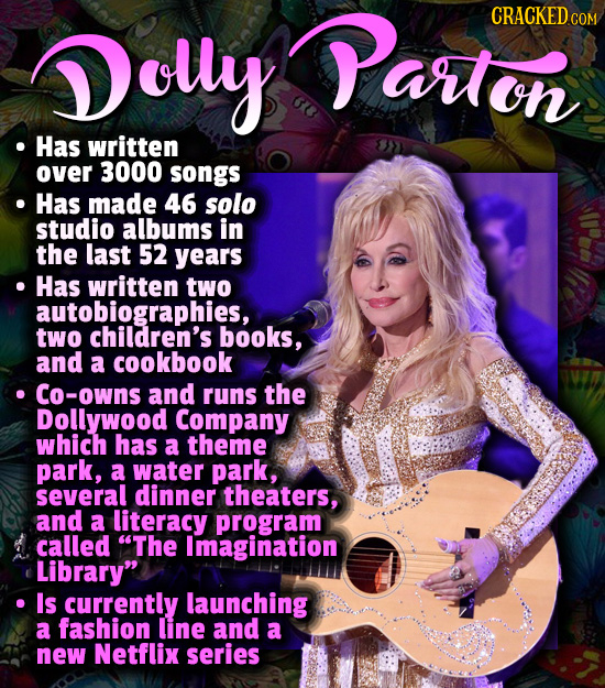 CRACKED olly PParton COM Has written over 3000 songs Has made 46 solo studio albums in the last 52 years Has written two autobiographies, two children