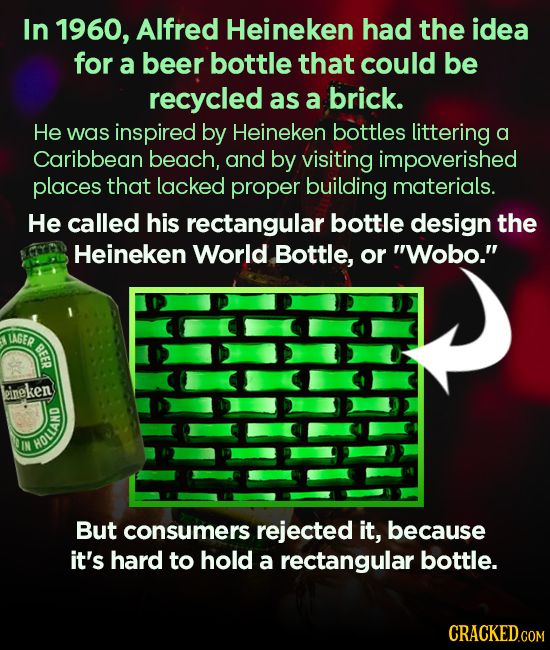 In 1960, Alfred Heineken had the idea for a beer bottle that could be recycled as a brick. He Was inspired by Heineken bottles littering a Caribbean b
