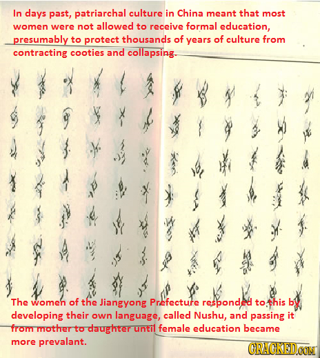 In days past, patriarchal culture in China meant that most women were not allowed to receive formal education, presumably to protect thousands of year
