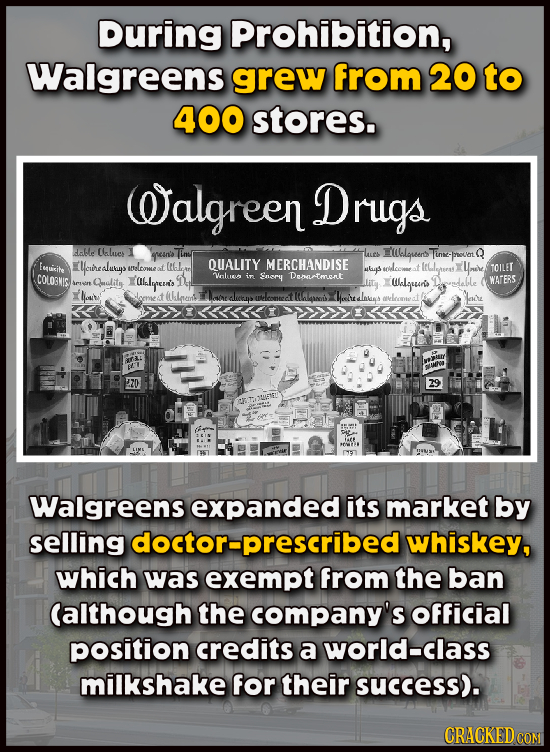 During prohibition, Walgreens grew from 20 to 400 stores. Oalgreen Drugs able Calues grein'a lues Elauter Tinse- Q -noast Fmuicite Ycuirealutays (f QU
