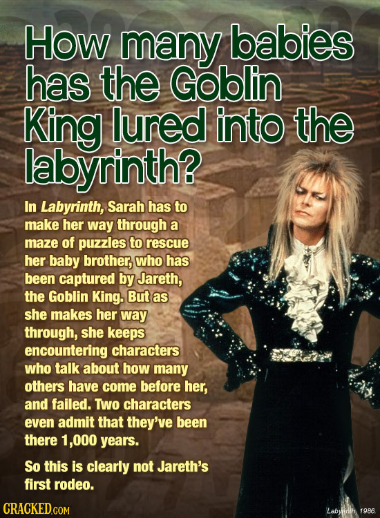 How many babies has the Goblin King lured into the labyrinth? In Labyrinth, Sarah has to make her way through a maze of puzzles to rescue her baby bro