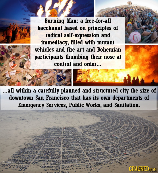 ning Man: a free-for-all bacchanal based on principles of radical self-expression and immediacy, filled with mutant vehicles and fire art and Bohemian