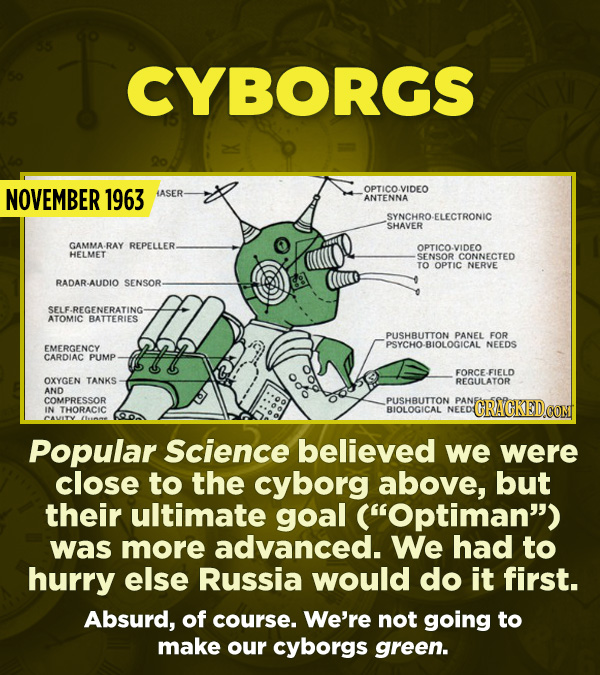 15 Really Inaccurate Predictions About The Future - Popular Science believed we were close to the cyborg above, but their ultimate goal (“Optiman”) wa