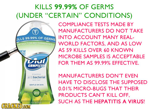 KILLS 99.99% OF GERMS (UNDER CERTAIN CONDITIONS) COMPLIANCE TESTS MADE BY MANUFACTURERS DO NOT TAKE INTO MANY REAL- 99.99% OF GERMS ACCOUNT LILLS RE