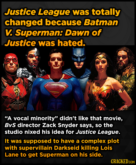 Justice League was totally changed because Batman V Superman: Dawn of Justice was hated. A vocal minority didn't like that movie, Bvs director Zack