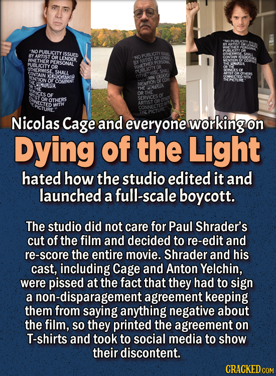 People Who Didn't Want Anything To Do With Their Own Work - Nicolas Cage and everyone working on Dying of the Light hated how the studio edited it an
