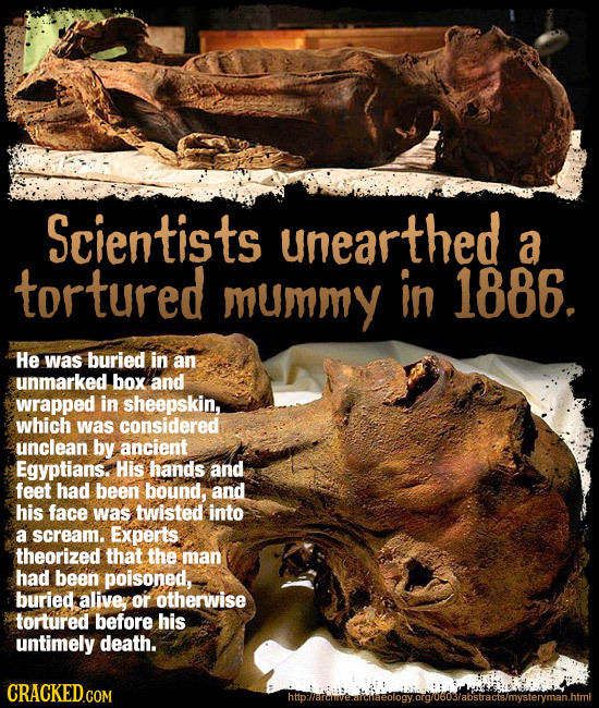 Scientists unearthed a tortured mummy in 1886. He was buried in an unmarked box and wrapped in sheepskin, which was considered unclean by ancient Egyp