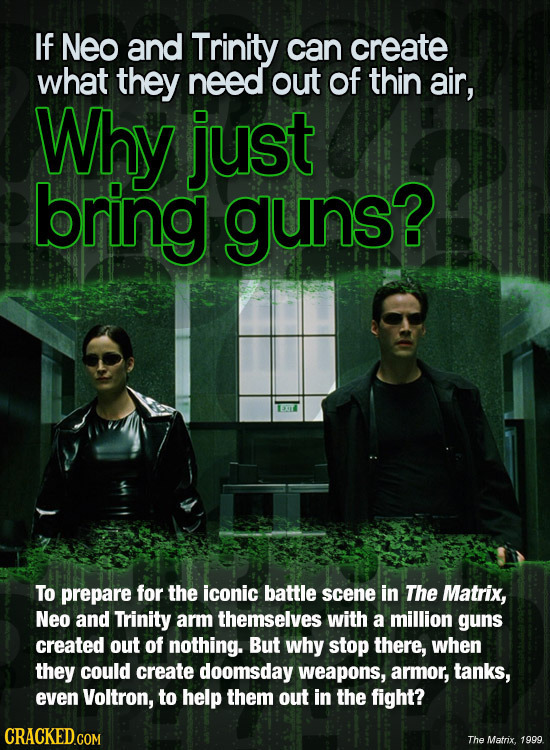 If Neo and Trinity can create what they need out of thin air, Why just bring guns? To prepare for the iconic battle scene in The Matrix, Neo and Trini