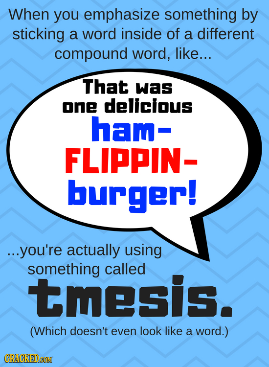 When you emphasize something by sticking a word inside of a different compound word, like... That was one delicious ham- FLIPPIN- burger! ...you're ac