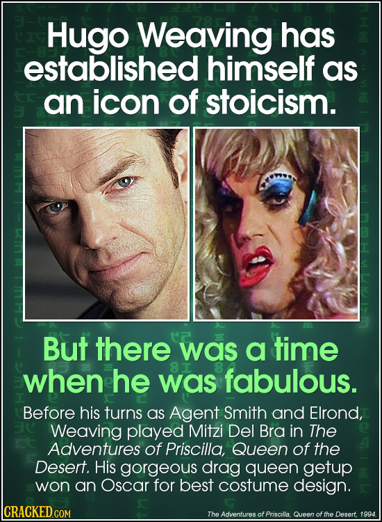 Hugo Weaving has established himself as an icon of stoicism. But there was a time when he 8I was fabulous. Before his turns as Agent Smith and Elrond,