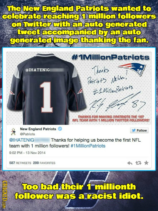 The New England Patriots wanted to celebrate reaching 1 million followers on Twitter with an auto generated tweet accompanied by an auto generated ima