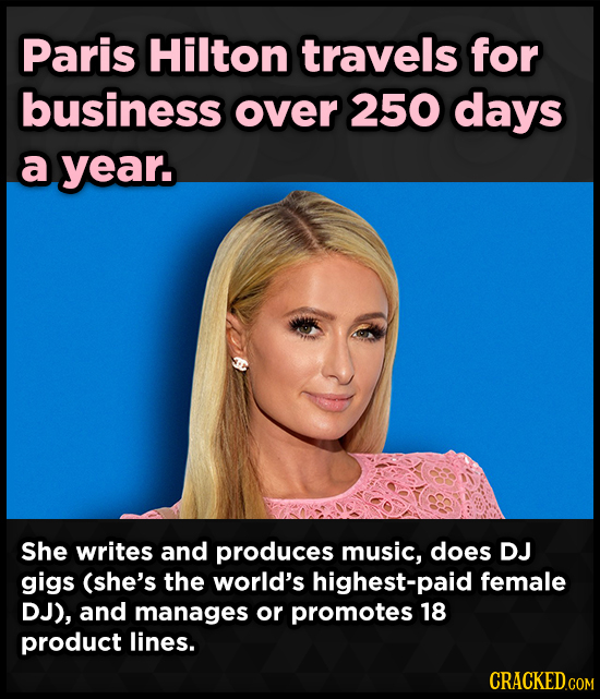 Paris Hilton travels for business over 250 days a year. She writes and produces music, does DJ gigs (she's the world's highest-paid female DJ), and ma