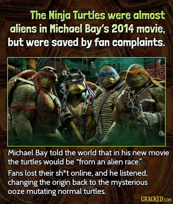 The Ninja Turtles were almost aliens in Michael Bay's 2014 movie, but were saved by fan complaints. Michael Bay told the world that in his new movie t