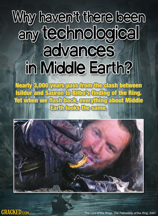 Why haven't there been any technological advances in Middle Earth? Nearly ,000 years pass from the clash between Isildur and Sauron to Bilbo's finding
