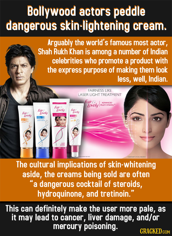 Bollywood actors peddle dangerous skin-lightening cream. Arguably the world's famous most actor, Shah Rukh Khan is among a number of Indian celebritie