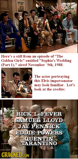 Here's a still from an episode of The Golden Girls entitled Sophia's Wedding (Part 1). aired November 9th, 1988. The actor portraying this Elvis i