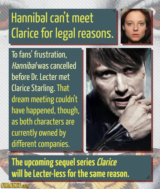Hannibal can't meet Clarice for legal reasons. To fans' frustration, Hannibal was cancelled before Dr. Lecter met Clarice Starling. That dream meeting